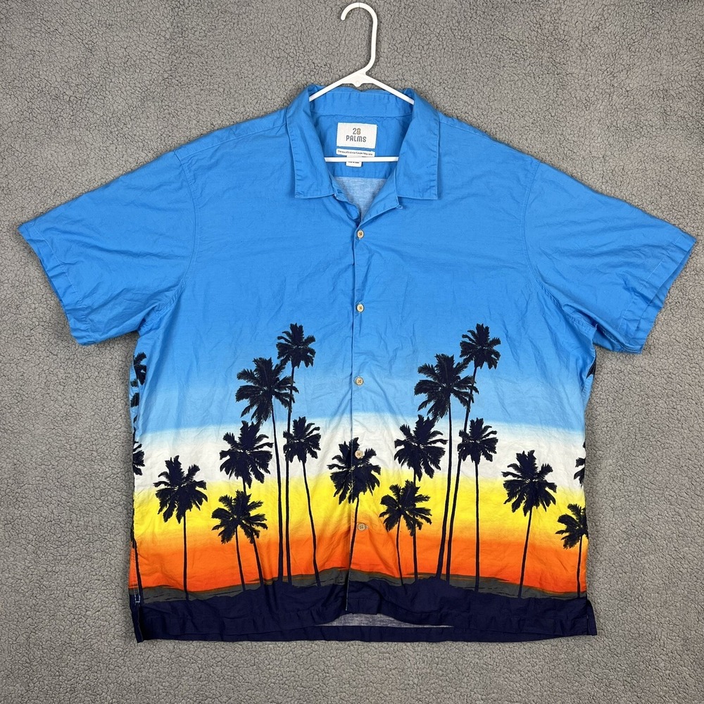 28‎ Palms Blue Hawaiian Beach Palm Trees Sunset Scene Men's 4XL S/S Button Up
